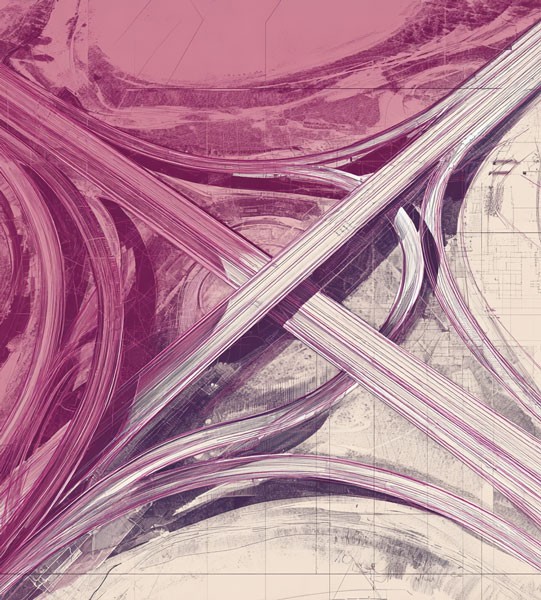 Abstrakte Luftaufnahme eines komplexen Autobahnkreuzes mit vielen Fahrspuren als Metapher für fehlende Ausrichtung.