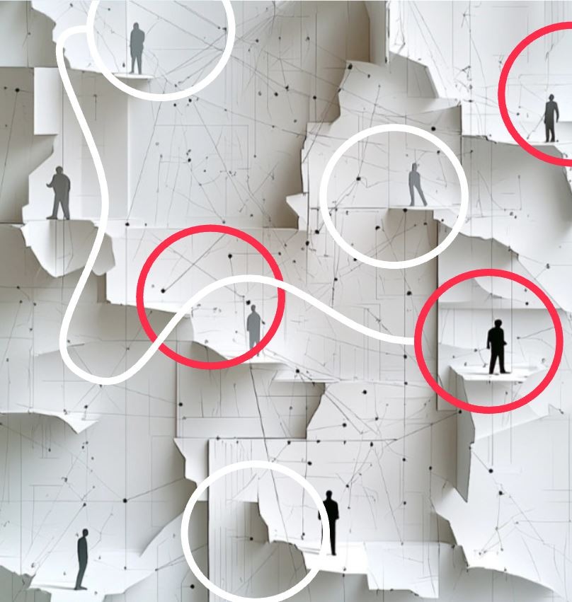 Grafik mit Menschen, die alleine arbeiten und verbunden sein sollten.